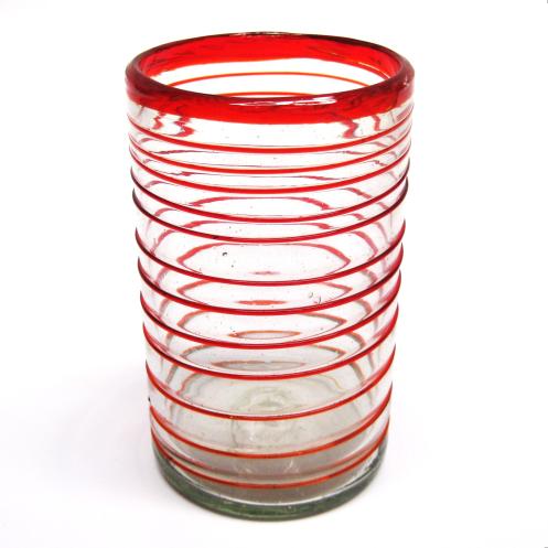 VIDRIO SOPLADO al Mayoreo / vasos grandes con espiral rojo rub, 14 oz, Vidrio Reciclado, Libre de Plomo y Toxinas / stos elegantes vasos cubiertos con una espiral rojo rub darn un toque artesanal a su mesa.